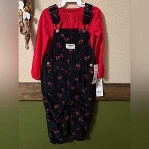 OshKosh B'gosh Black Floral Corduroy Overalls with Red Top